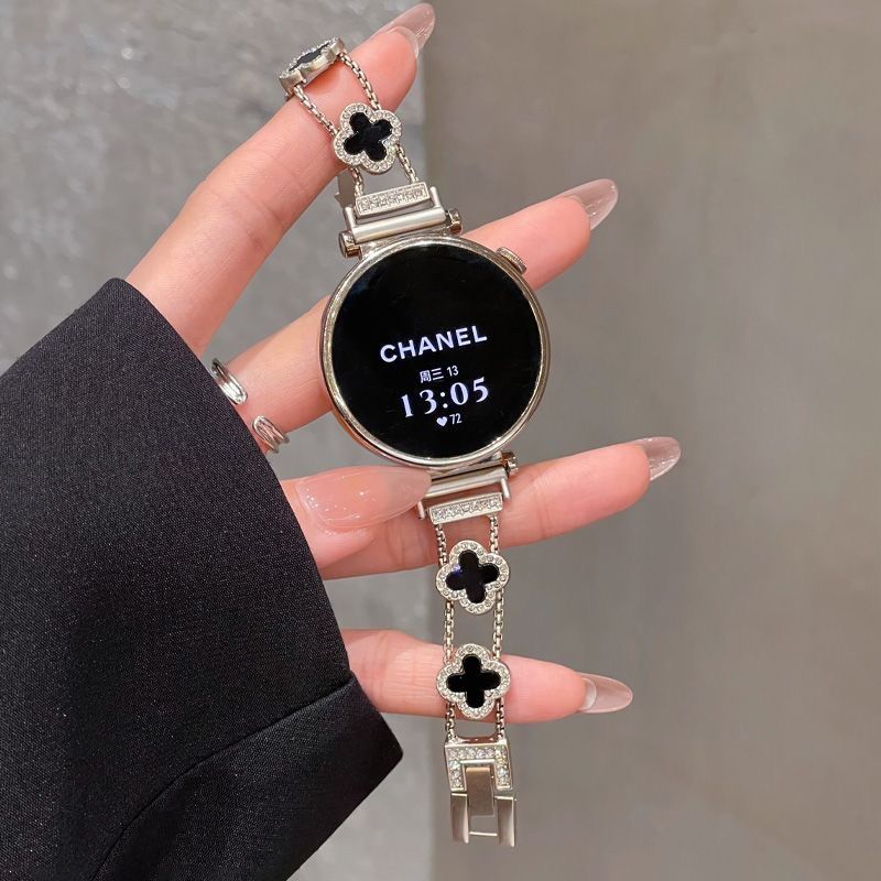 适用华为watch5手表带新款gt6细款四叶草链条感女款表带 四叶草-黑黑【表带】 华为Watch5 46mm