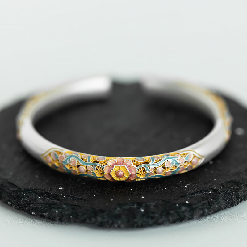 银手镯珐琅彩蜀锦 海棠花9999描金镂空开口手环新代购 蜀锦手镯(约22g±1g)
