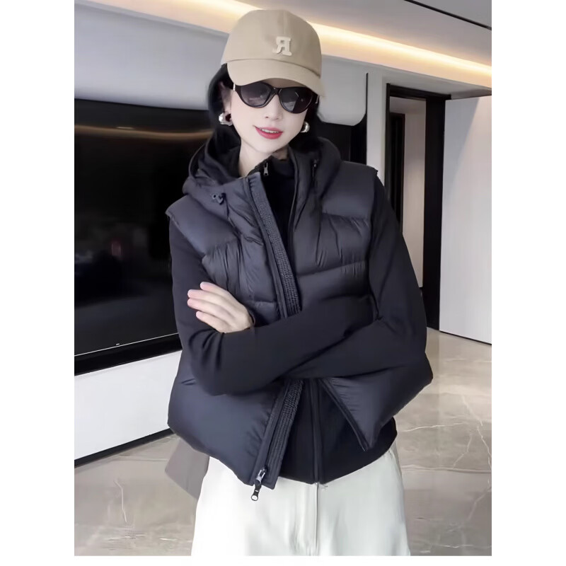 MODX羽绒马甲女款2026新款秋冬外穿时髦洋气韩版宽松连帽羽绒背心马夹 黑色【白鸭绒填充】 M