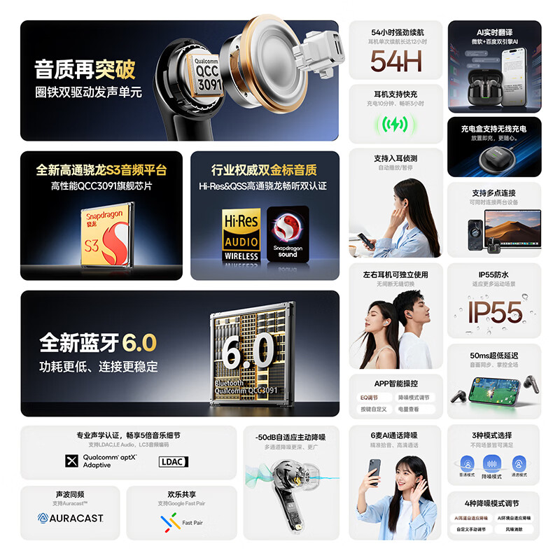 EarFun 丽耳【旗舰AI翻译】AirPro4+圈铁主动降噪无线蓝牙耳机双单元高解析LDAC高音质入耳式游戏超长续航礼物 圈铁混合丨深度降噪 曜石黑 支持7天试用丨退货包运费丨顺丰速运