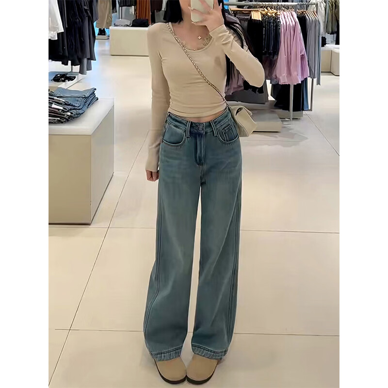 美思源白色直筒牛仔裤女士春季裤子新款2026新款杏色高腰拖地裤阔腿裤 怀旧浅蓝长裤单裤 2XL 【135-150斤】