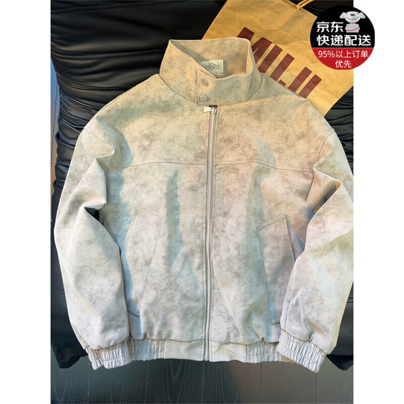 轩森图（XUANSENTU）美式雾面扎染pu皮羊羔绒外套男冬季加绒加厚夹克棉服防风立领棉衣 A102-5Q3050灰色【夹克款】 XL