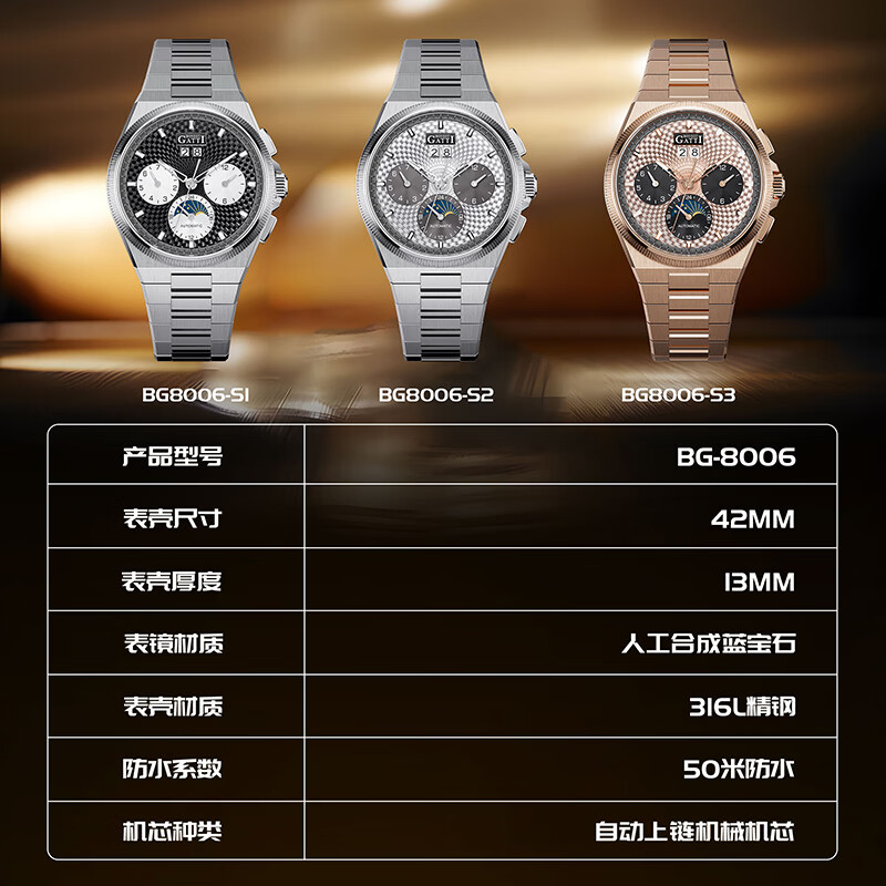 布加迪（BONEST GATTI）手表德国全自动机械表镂空男士腕表钢带款新年情人节礼物送男友 BG8006玫壳白面玫钢带