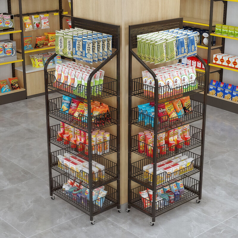 馨婺家超市零食货架展示架便利店多层置物架收银台小食品架子移动陈列架 黑色-三层50cm【升级加固】带轮
