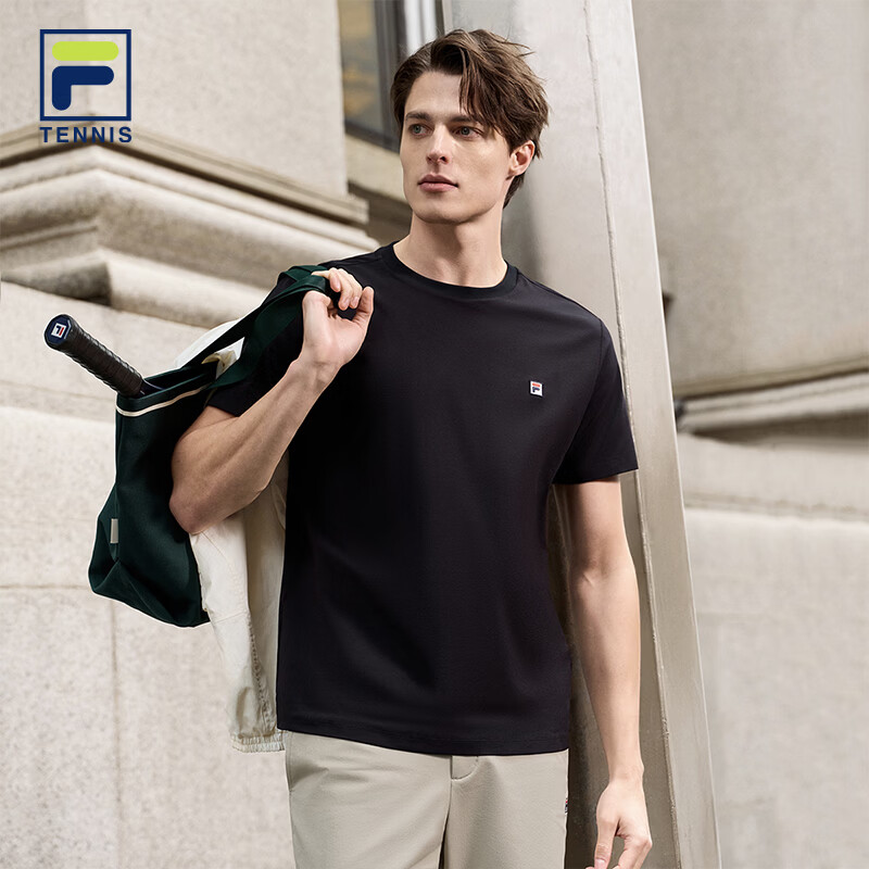 FILA 斐乐官方男子针织短袖衫2026春新款网球运动简约经典圆领T恤 正黑色-BK XL 180/100A/XL
