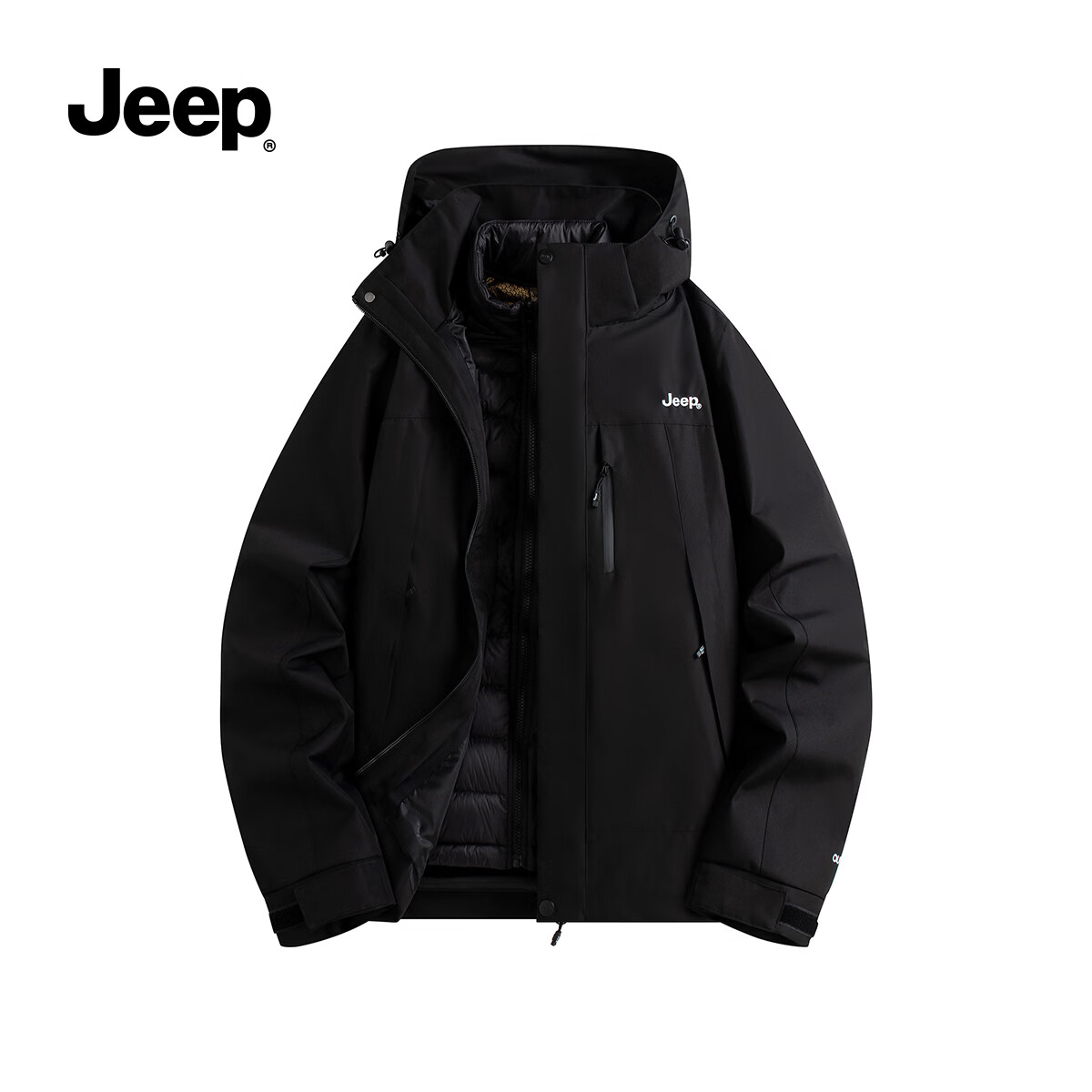 JEEP男装秋冬季新品男士户外运动三合一冲锋夹克上衣休闲连帽加绒外套 黑色 /羽绒内胆 3XL