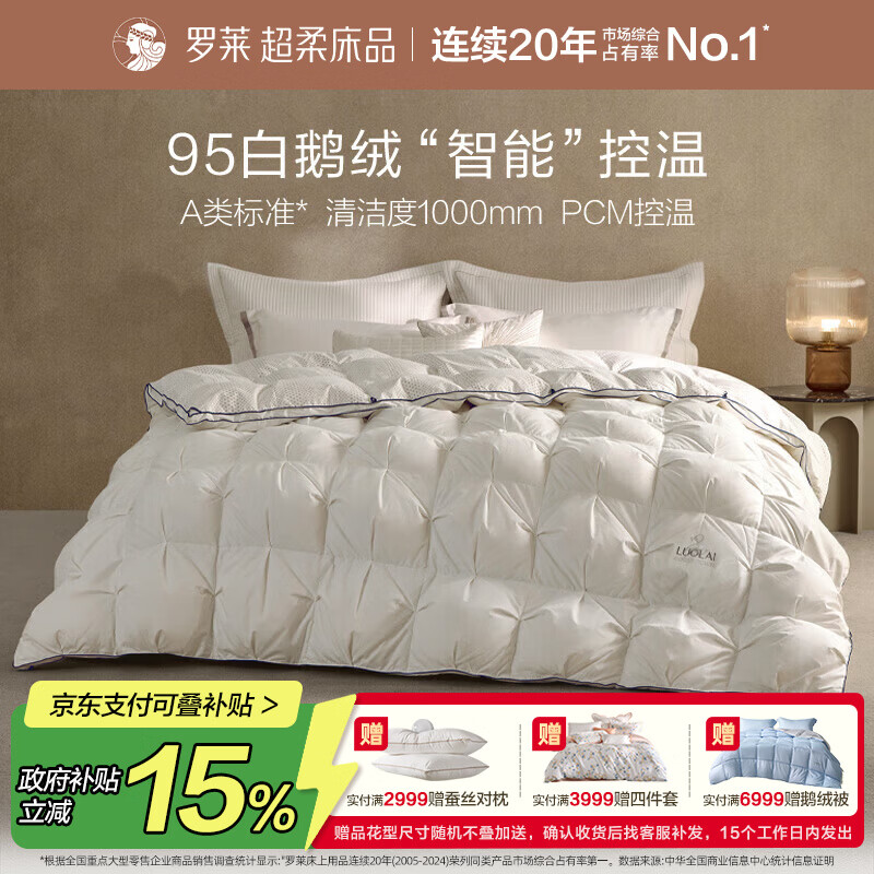罗莱家纺 羽绒被子 A类95%水洗白鹅绒航天控温保暖冬被芯约5.2斤