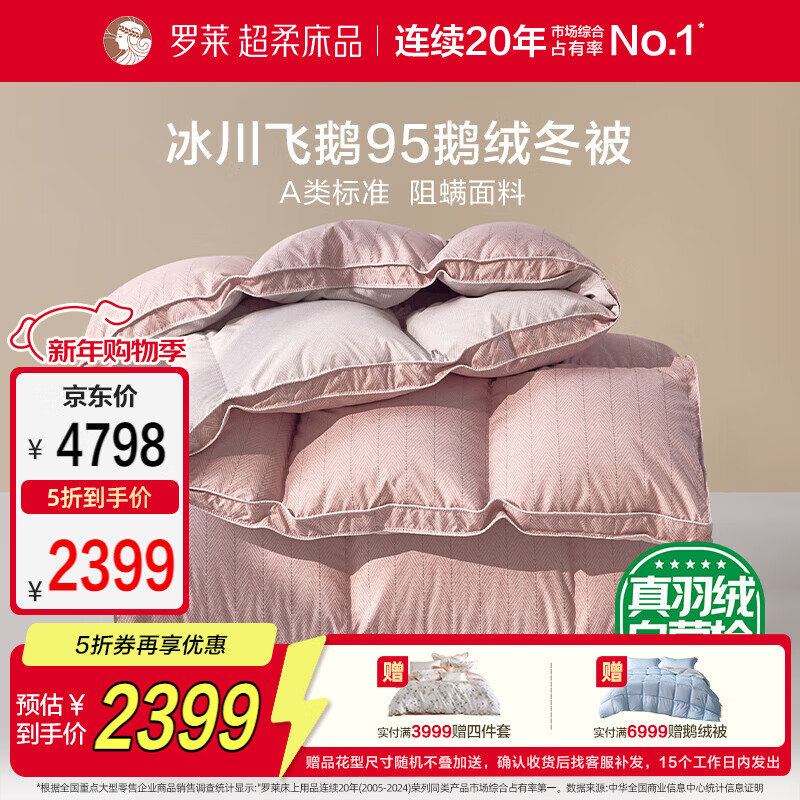 罗莱家纺 羽绒被 A类95%水洗鹅绒被子保暖冬被芯 约5.2斤粉