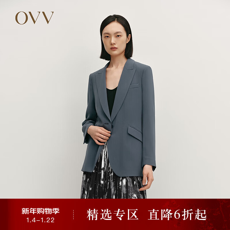 OVV2024秋冬新款女装戗驳领一粒扣简约优雅休闲西服外套 雾霾蓝 XS