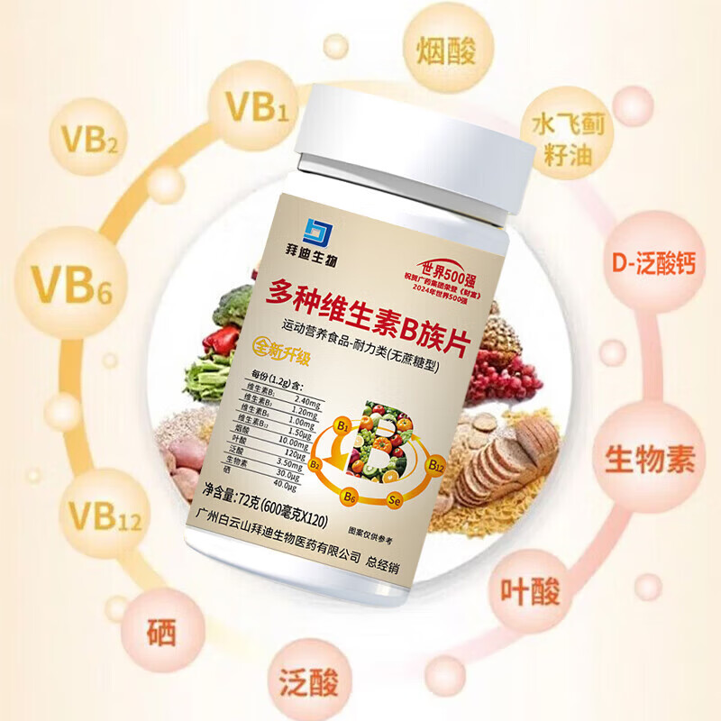 白云山拜迪生物多种维生素b族矿物质片复合维生素多种维生素b族口腔上火 【4瓶装】拍1发4全家共享 120粒*4瓶