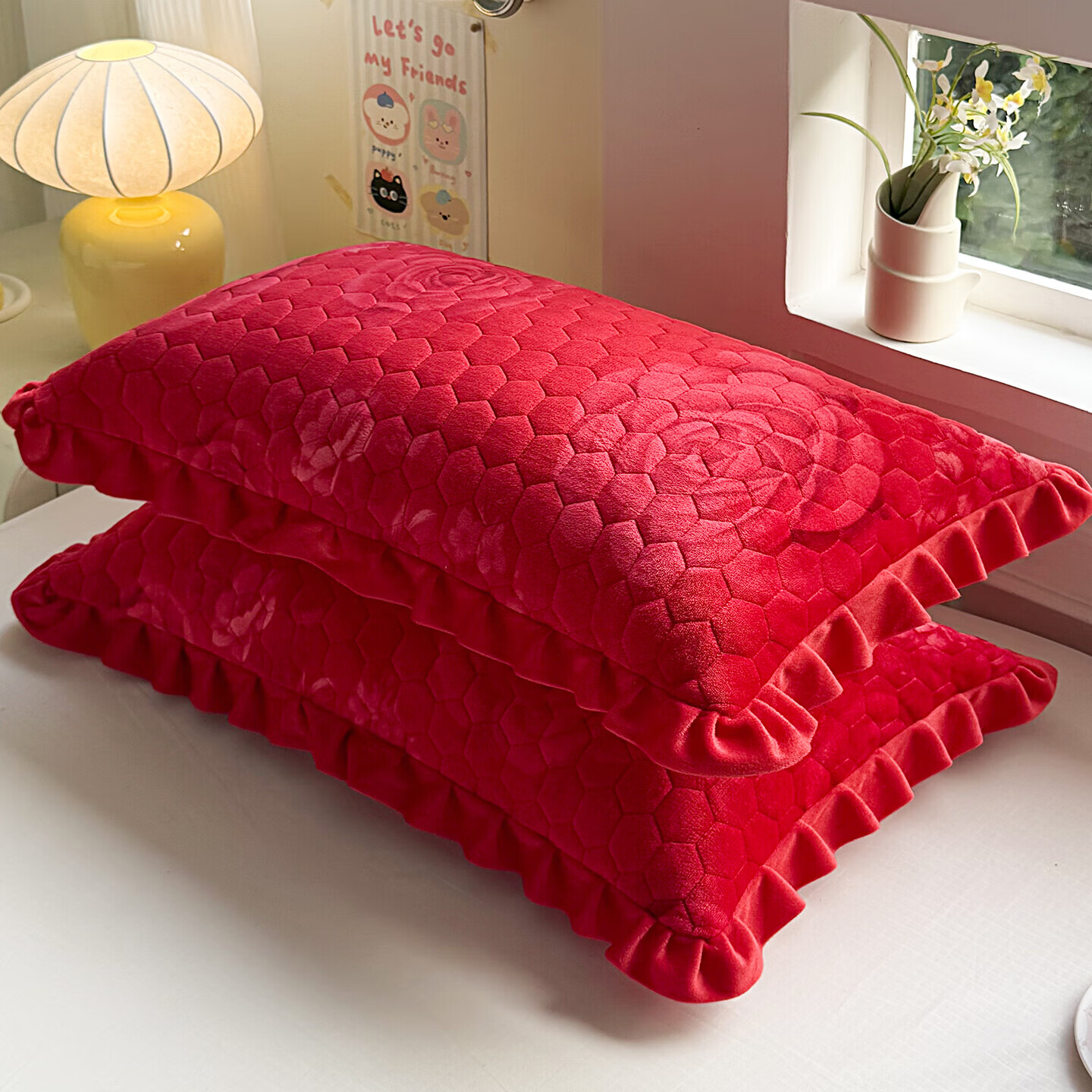 【甄选直发】A类高克重牛奶绒加厚枕套 秋冬季法兰绒单人枕芯套内 玫瑰红【加绒加厚/防静电】 枕套一对48*74cm