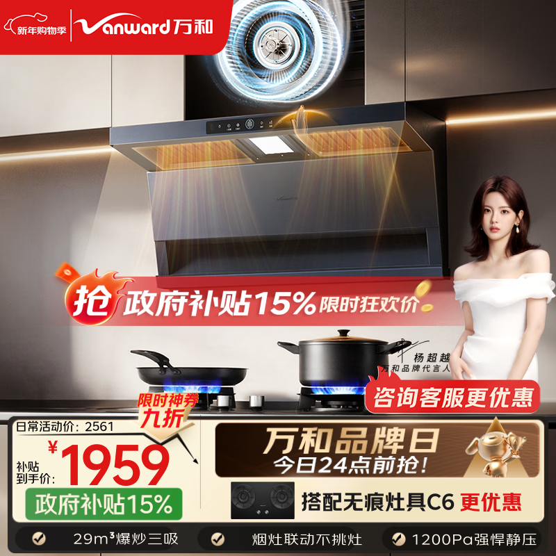 万和【无痕V9LPlus·纳米抗污】蓝色顶侧双吸抽排29风量大吸力烟灶联动配燃气灶以旧换新油烟机