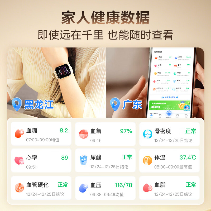 安顿健康预警手表心梗脑卒中风险预警血压血氧血糖趋势尿酸心脏健康监测智能手表送礼父母节日老人 至尊全维版-女款云曦金【礼盒款】-36项服务