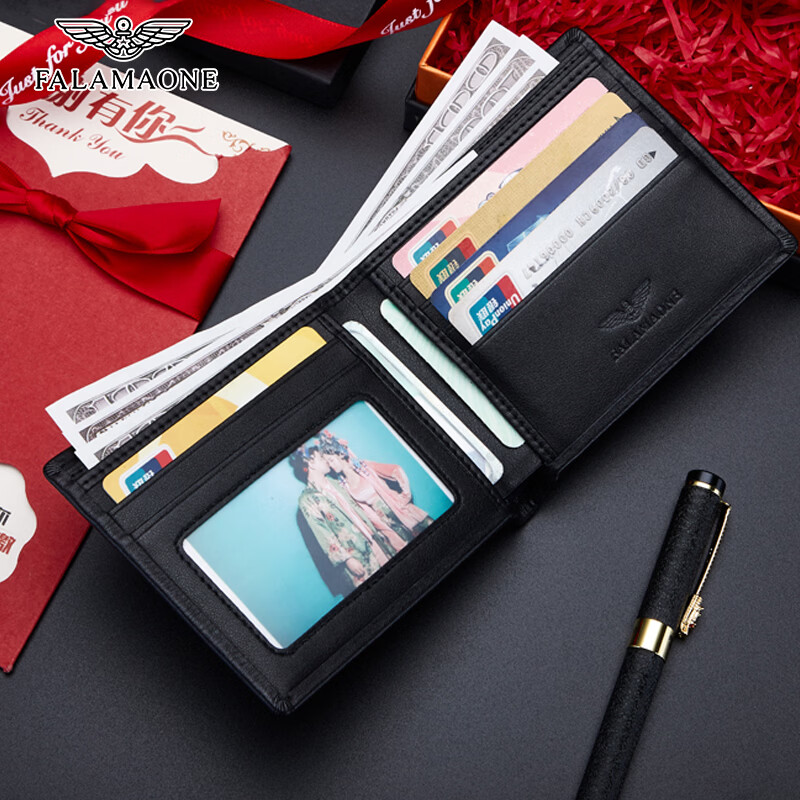 FALAMAONE法莱阿玛尼钱包男士短款真皮多功能钱夹时尚皮夹礼物送男友老公 黑色【实木礼盒】