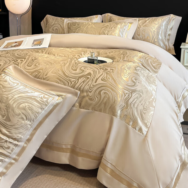 水星家纺100支床上四件套纯棉轻奢贡缎提花全棉床单纯棉被套床品 海韵-香槟 床笠款 2.0四件套-被套220x240