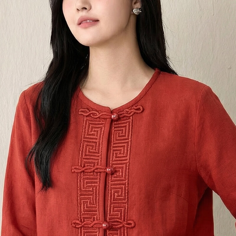 子牧棉麻2025秋装 女小香风针织外套新中式国风盘扣上衣开衫5589 米白色 均码 (建议95-140斤)