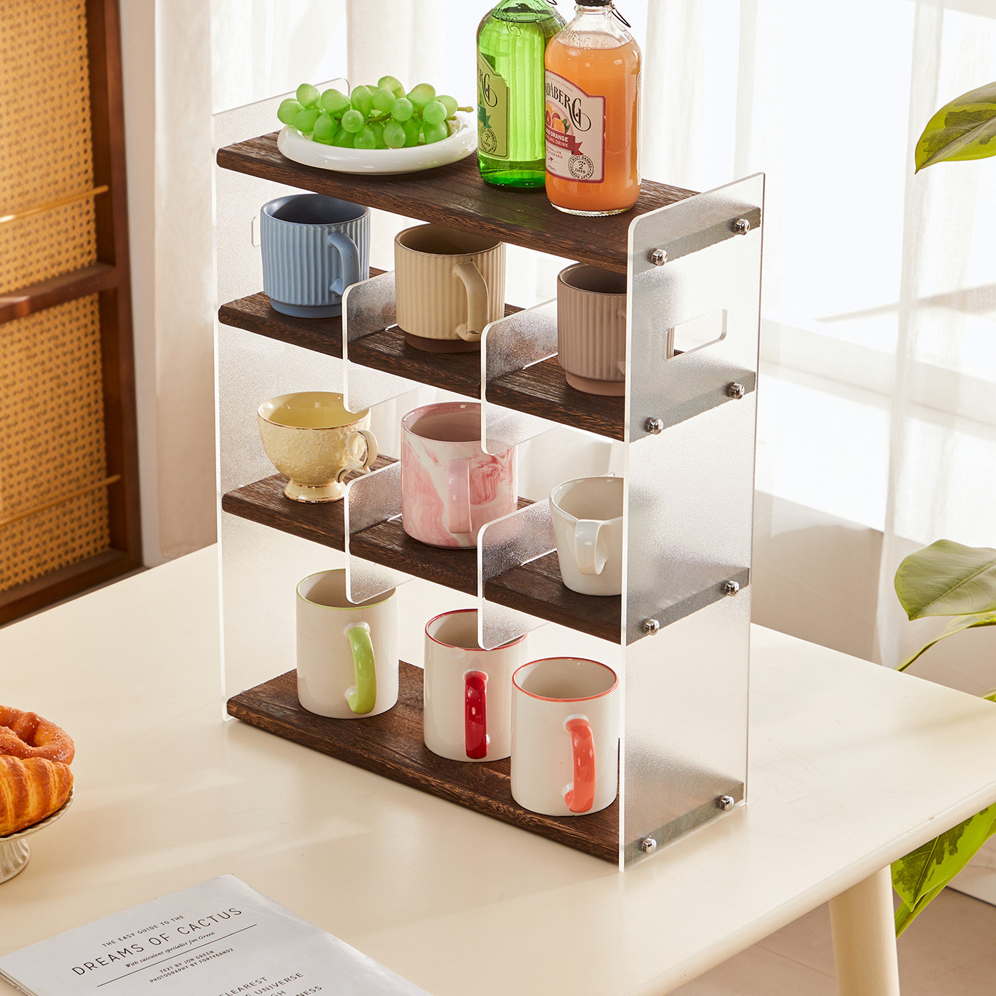 衍潇实木多层收纳置物架亚克力杯架子客厅厨房桌面咖啡杯茶杯马克杯子 实木4层胡桃色