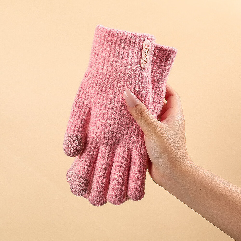 【厂家直发】针织保暖手套女韩系ins学生秋冬季防寒加绒触屏骑车 粉色【美拉德竖标】 京东折扣/优惠券