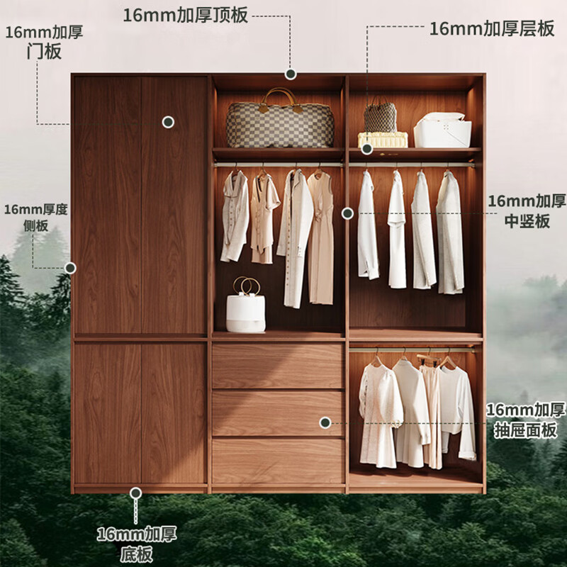 东璨实木衣柜卧室家用中古风大衣柜大容量收纳柜骨骼线衣橱定制储物柜 【主柜】长120*深60*高200cm 白色+胡桃色【实木生态板】