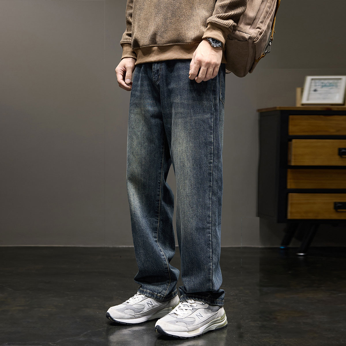 新百伦高端复古直筒牛仔裤男士春秋冬季新款美式长裤子男宽松阔腿男裤 5610蓝色 常规 33 码【建议155-165斤】