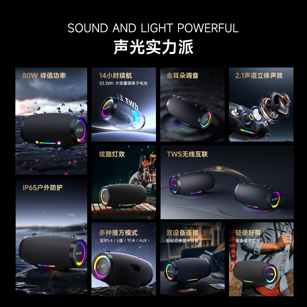 不见不散 SEE ME HERE 69E90蓝牙音箱户外便携式蓝牙小音响超重低音炮跑步运动广场舞音响高保真防水 黑色+U盘