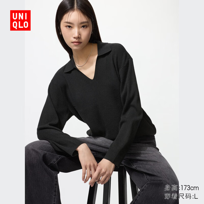 优衣库女装可机洗罗纹半开领针织衫/毛衣480414 482253 480414/09黑色 L