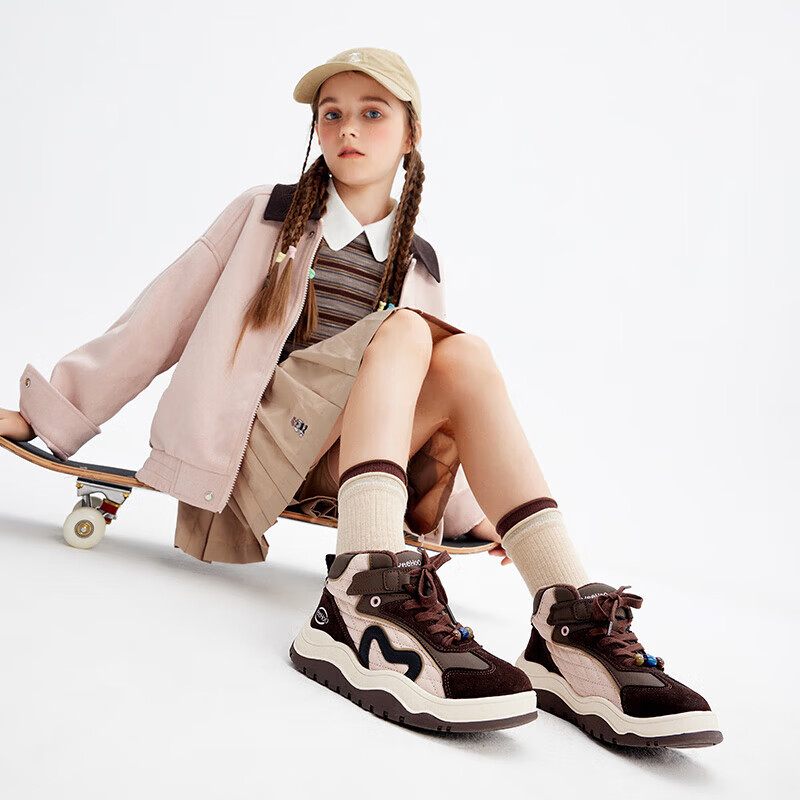 英氏（YEEHOO）秋冬季中大童加绒保暖运动板鞋中帮时尚百搭户外校园舒适儿童棉鞋 灰/酒红 31