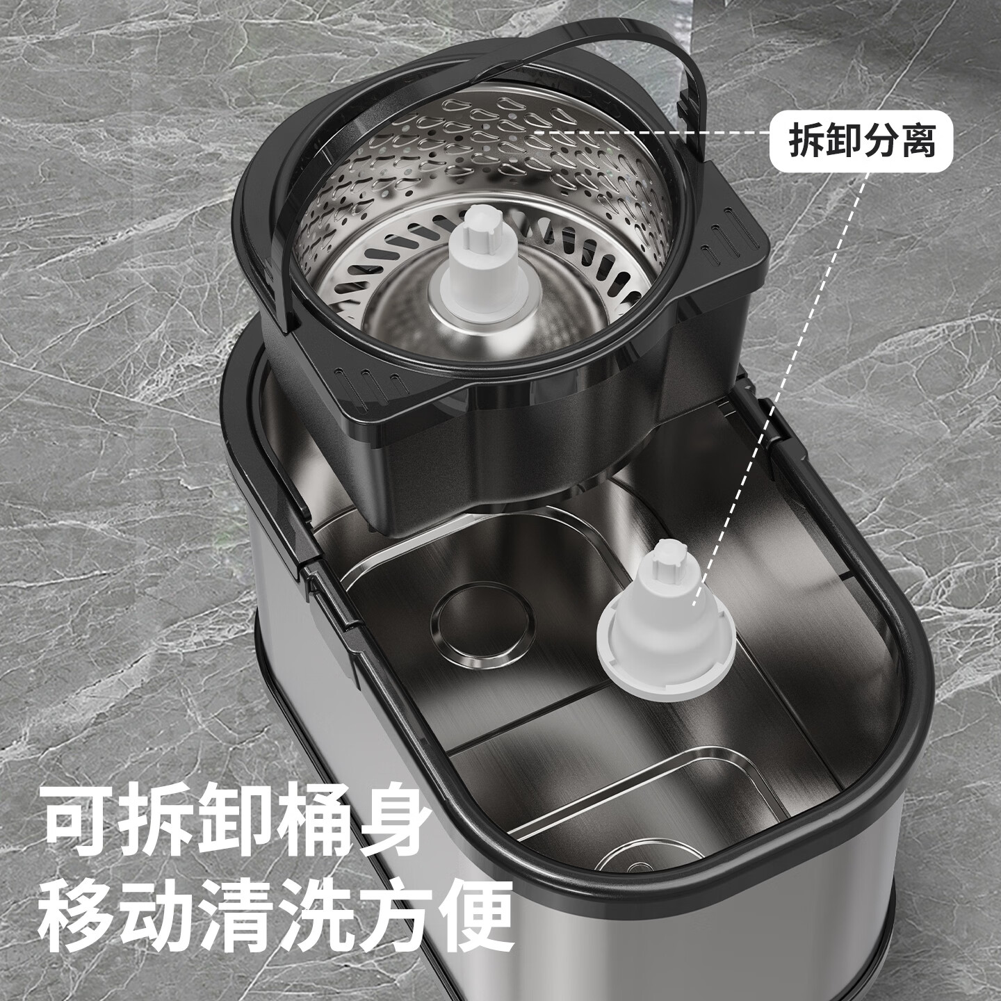 太太乐大号不锈钢旋转拖把桶免手洗甩干脱水双驱动好神拖墩布甩水拖地 金刚侠不锈钢旋转拖把【不锈钢杆+5个布头】