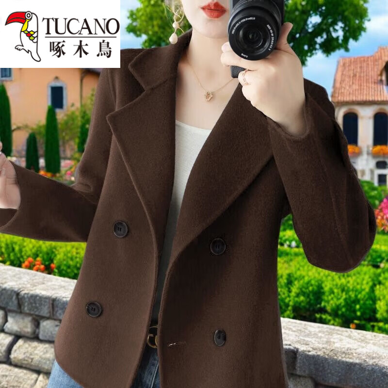 啄木鸟（TUCANO）短款毛呢大衣2025小个子秋季外套呢料双排扣女士秋冬外套毛呢大衣 咖色【没有口袋】 2XL 120-135斤