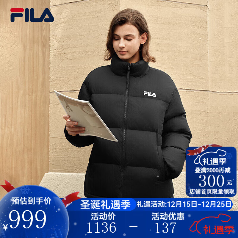 FILA 斐乐官方情侣款羽绒服2025冬季新款防泼水防污渍两面穿立领外套 正黑色-BK L 175/96A/L