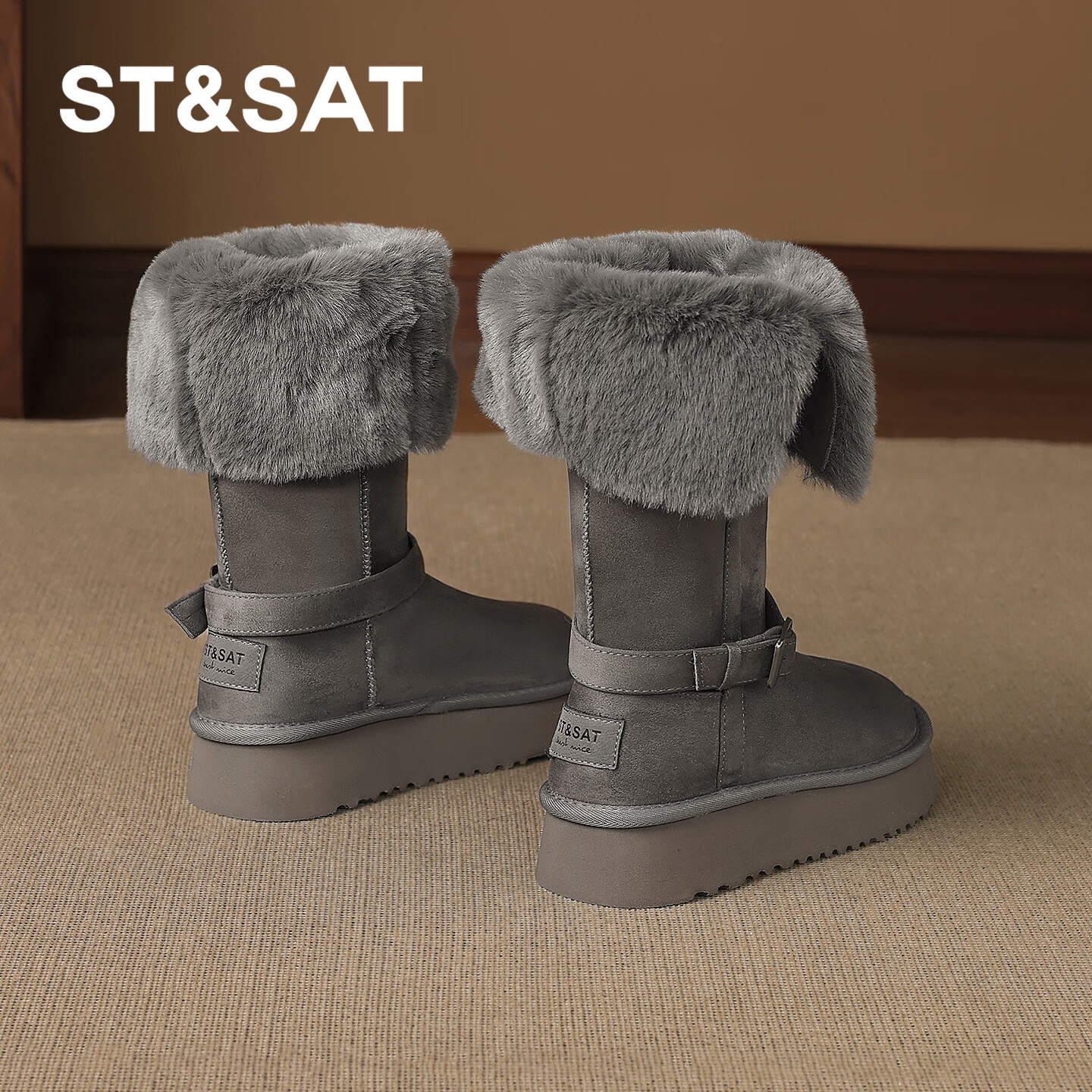 星期六灰色雪地靴女2025冬季新款毛毛保暖厚底加绒加厚长筒靴两穿