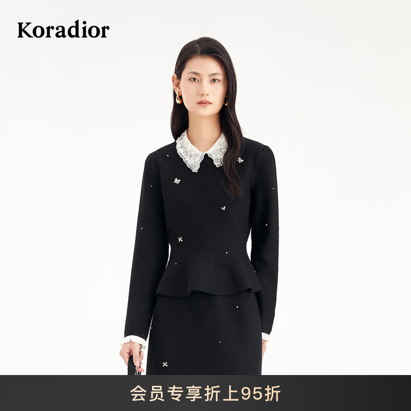 珂莱蒂尔【绵羊毛】Koradior商场同款2025秋新款精致刺绣针织衫女 黑色 L