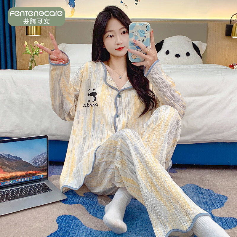 芬腾可安（FENTENGCARE）【TD】秋季睡衣女带胸垫长袖开衫卡通可爱家居服防凸点套装冬 46075【带胸垫套装】 L【95-115斤】
