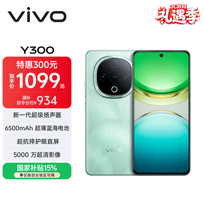 vivo Y300 8GB+256GB 青松 国家补贴 新一代超级扬声器 6500mAh超薄蓝海电池 超抗摔护眼直屏 AI手机