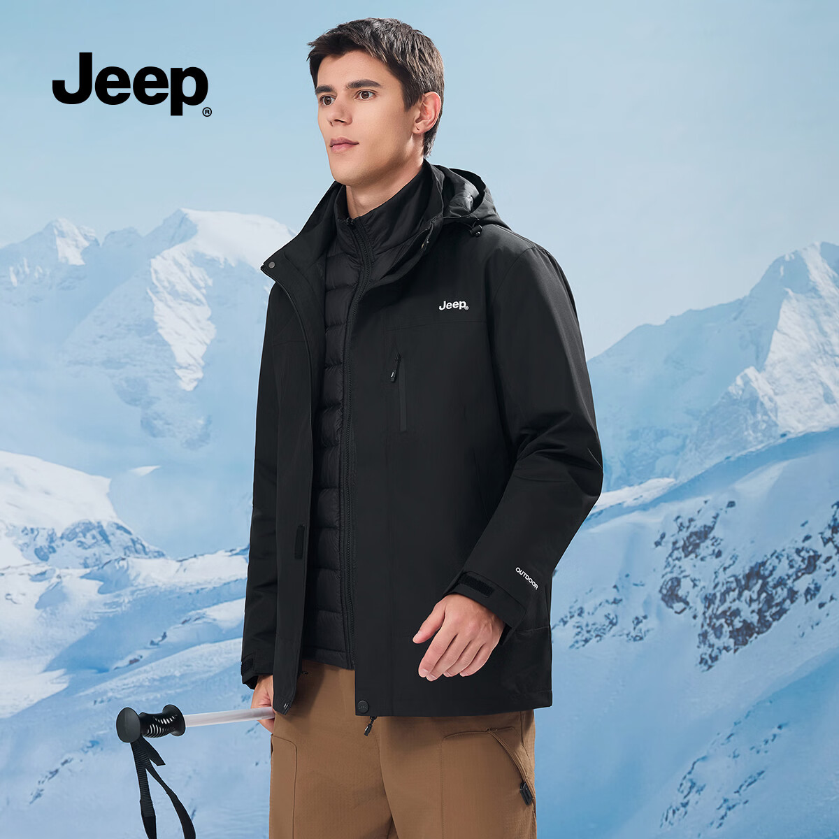 JEEP男装秋冬季新品男士户外运动三合一冲锋夹克上衣休闲连帽加绒外套 黑色 /羽绒内胆 3XL