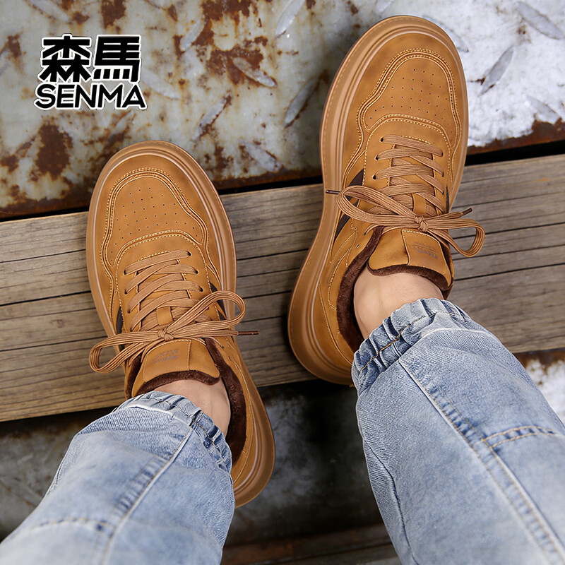 森馬秋冬新款男士休闲运动男鞋时尚潮流百搭防滑板鞋 麦色加绒 39