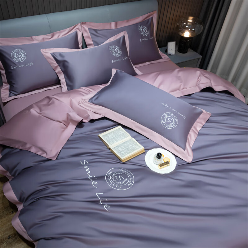 水星系列家纺A类长绒棉纯棉四件套100%全棉轻奢高级感裸睡床单被套床上用品笠 月光紫+豆沙红 240支 A类长绒棉 1.8M 床单款 （被套200*230cm）