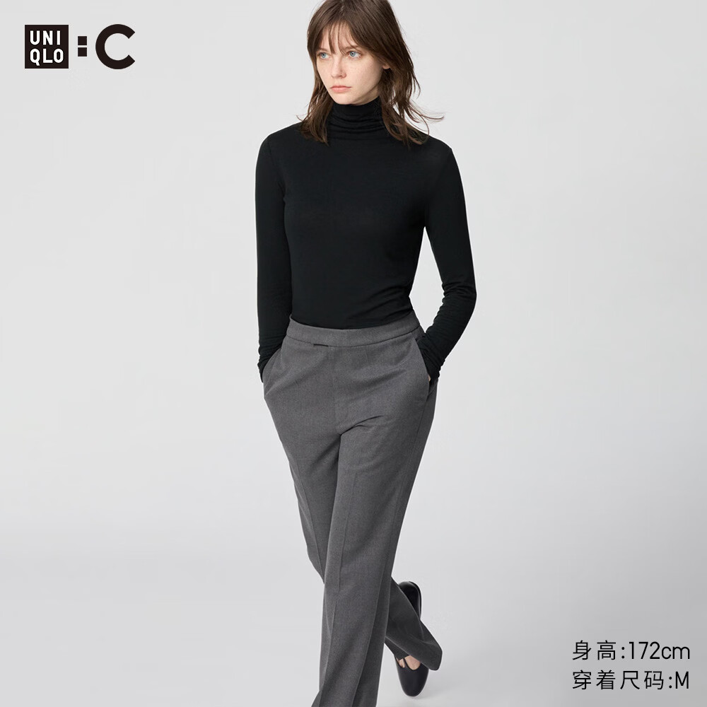 优衣库女装HEATTECH EXTRA WARM混纺高领T恤/长袖9%羊绒478954 478954/09黑色 L