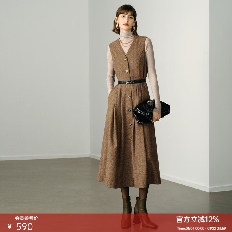 颜域毛呢中长款V领连衣裙冬装女款2025年新款简约裙子气质背心裙 驼色1 L