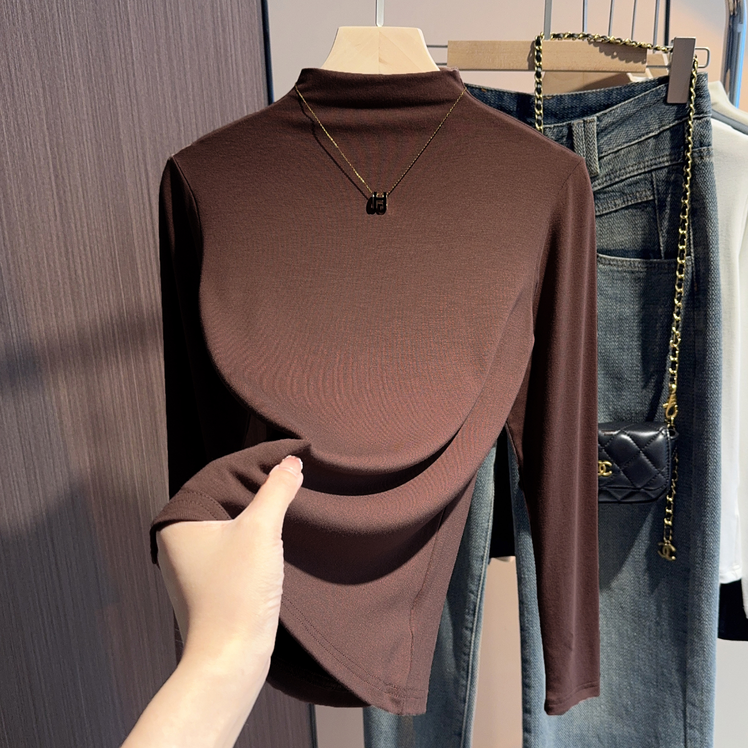 【工厂发货】女装秋冬衣服磨毛半高领内搭打底衫女t恤长袖加厚保 白色【德绒磨毛加厚】 L 建议100-115斤