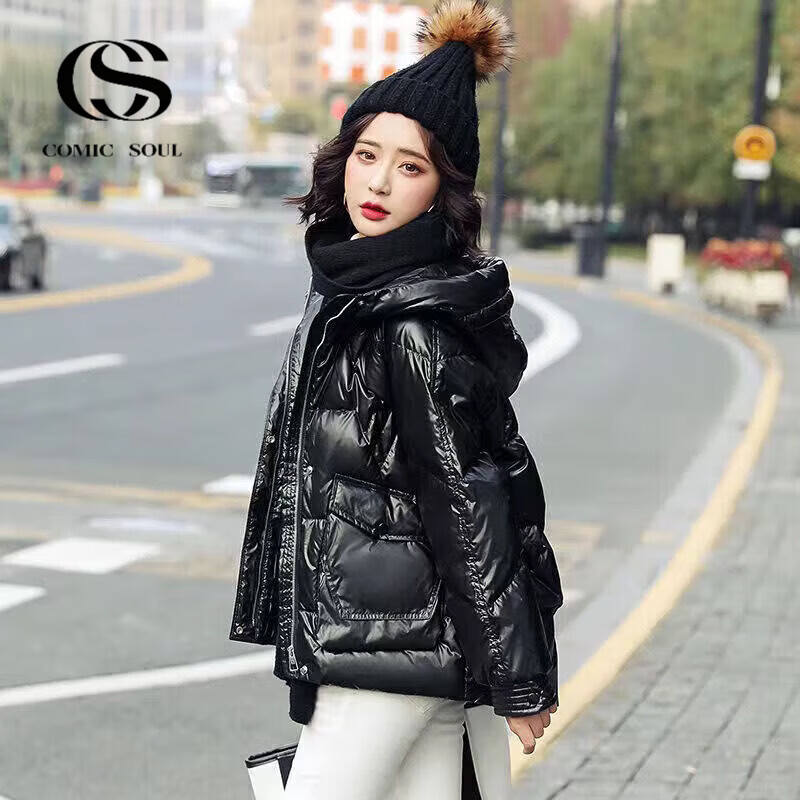 COMIC SOUL亮面免洗羽绒棉服女2026反季新款冬季欧美风连帽宽松保暖外套 黑色（免洗面料） S （建议80-108斤）