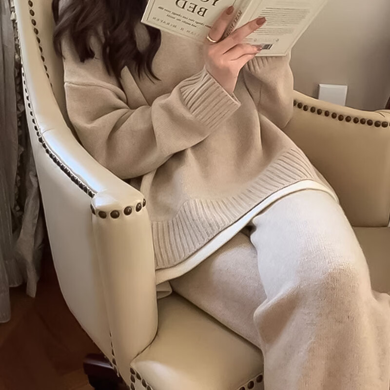 高品质秋季新款假两件毛衣阔腿裤女士两件套运动休闲时尚套装 卡其 L