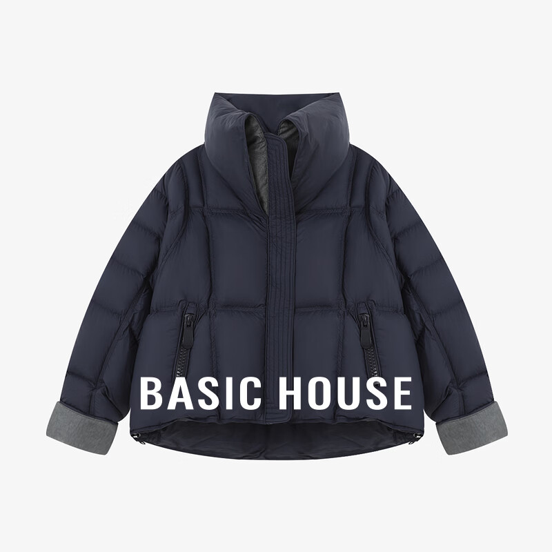 百家好（Basic House）Basic House/百家好90白鸭绒立领连帽短款羽绒服女冬时尚保暖外套 藏青 S