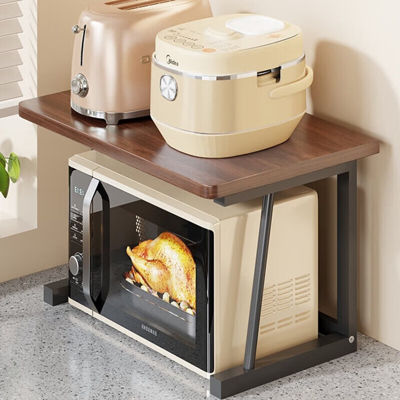 馨婺家微波炉置物架厨房台面电饭煲空气炸锅放置架多层放锅收纳烤箱架子 胡桃色-双层标准款【48*30*27】