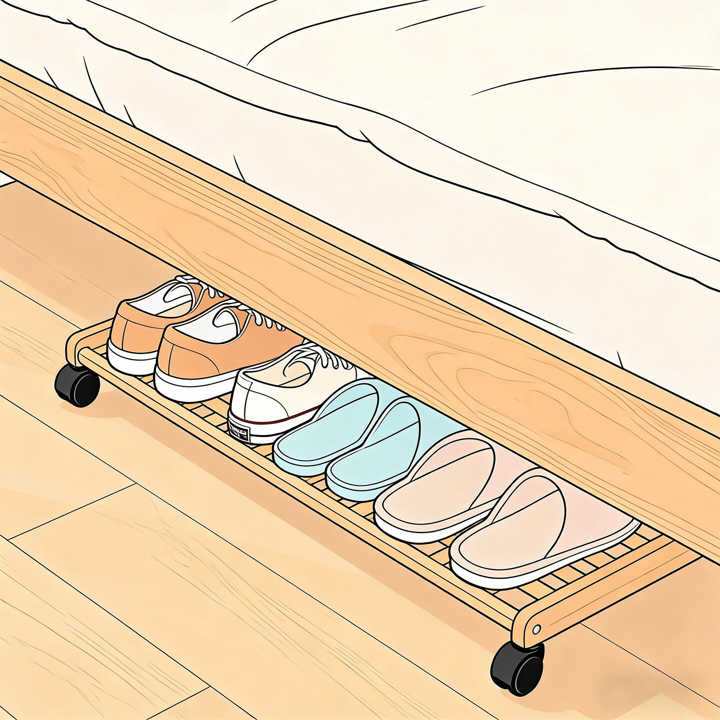 尔思家鞋子收纳神器简易鞋架鞋托架免安装带滑轮托盘托架带轮落地置物架 金橡木色（60*45）