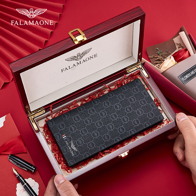 FALAMAONE轻奢男士钱包长款礼盒父亲节礼物送爸爸送男友老公 长款【高档实木礼盒】 京东折扣/优惠券