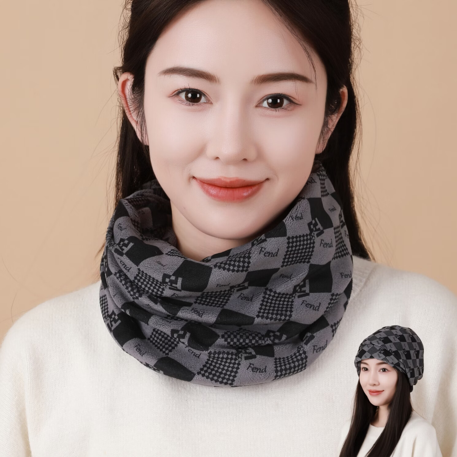 冬季扭扭帽保暖围脖套女双层加绒套头帽子女百变月子帽加厚包头帽 扭扭帽围脖1只装【深灰】fend