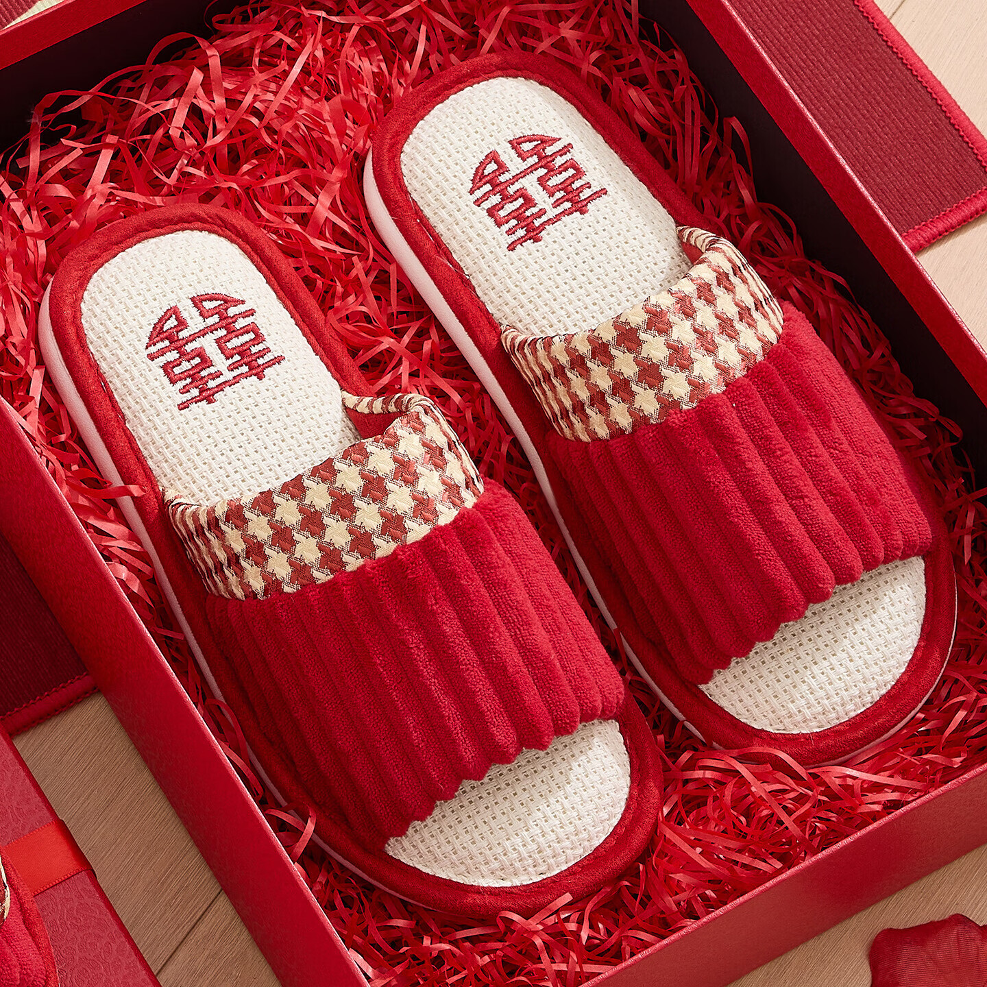 FZT红色亚麻拖鞋男结婚一对喜庆新婚新娘陪嫁高级晨袍棉布拖鞋女四季 红色 36-37 正码