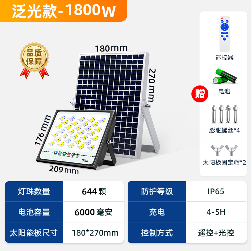 灯护士太阳能户外照明灯庭院灯家用门口路灯大功率LED投光灯防水室外灯 泛光款1800W照约260平-光控+遥控