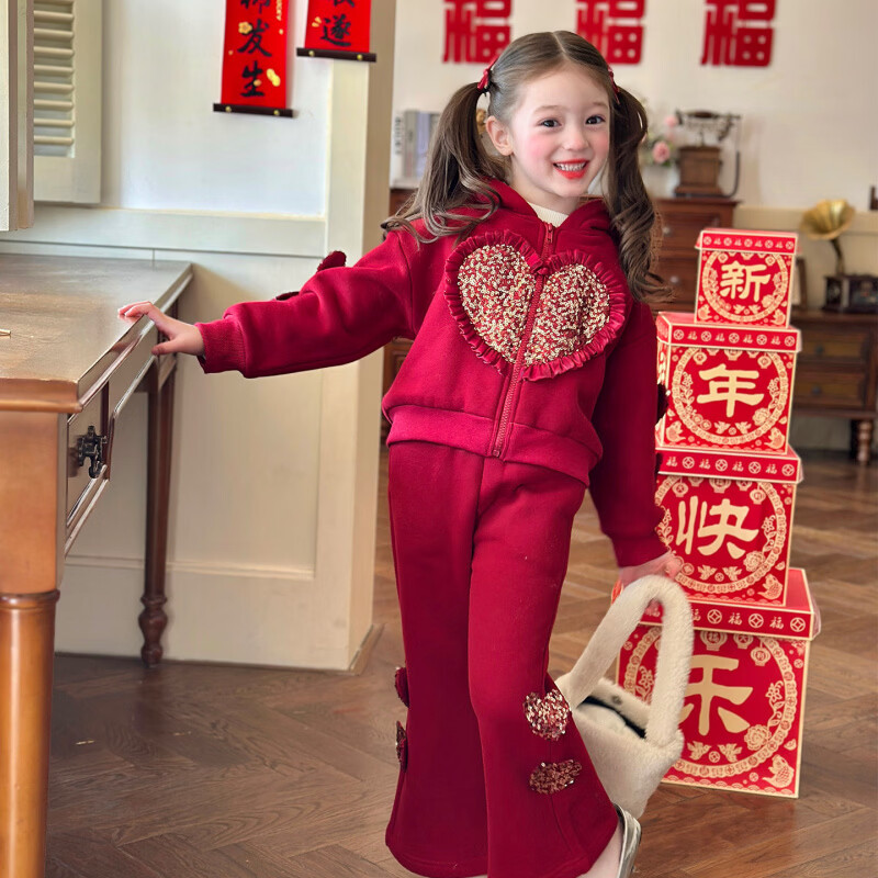栀了成长记童装女童红色可爱亮片套装2025冬季儿童新年加绒两件套 红色 套装 100 cm